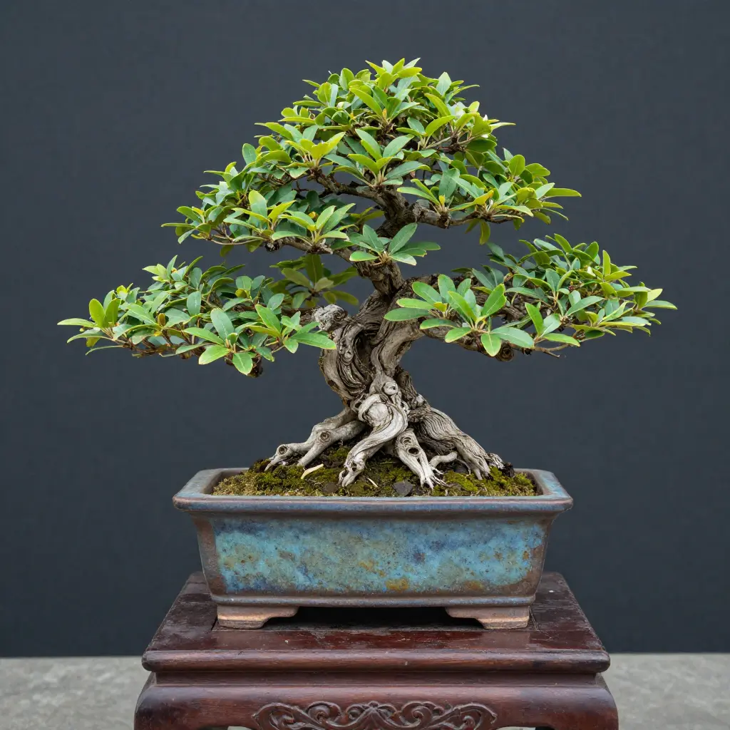 Beautiful bonsai tree in ceramic pot on wooden stand