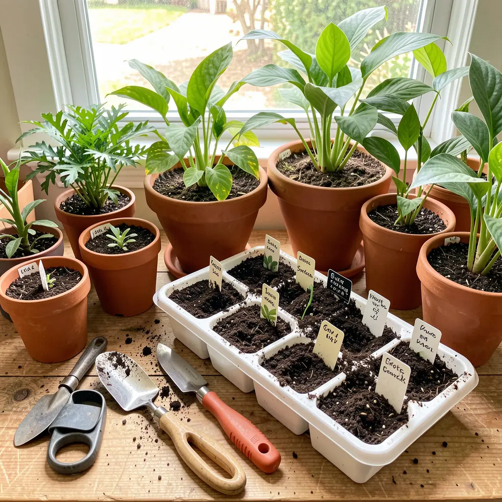 Plant care workspace with tools and healthy indoor plants